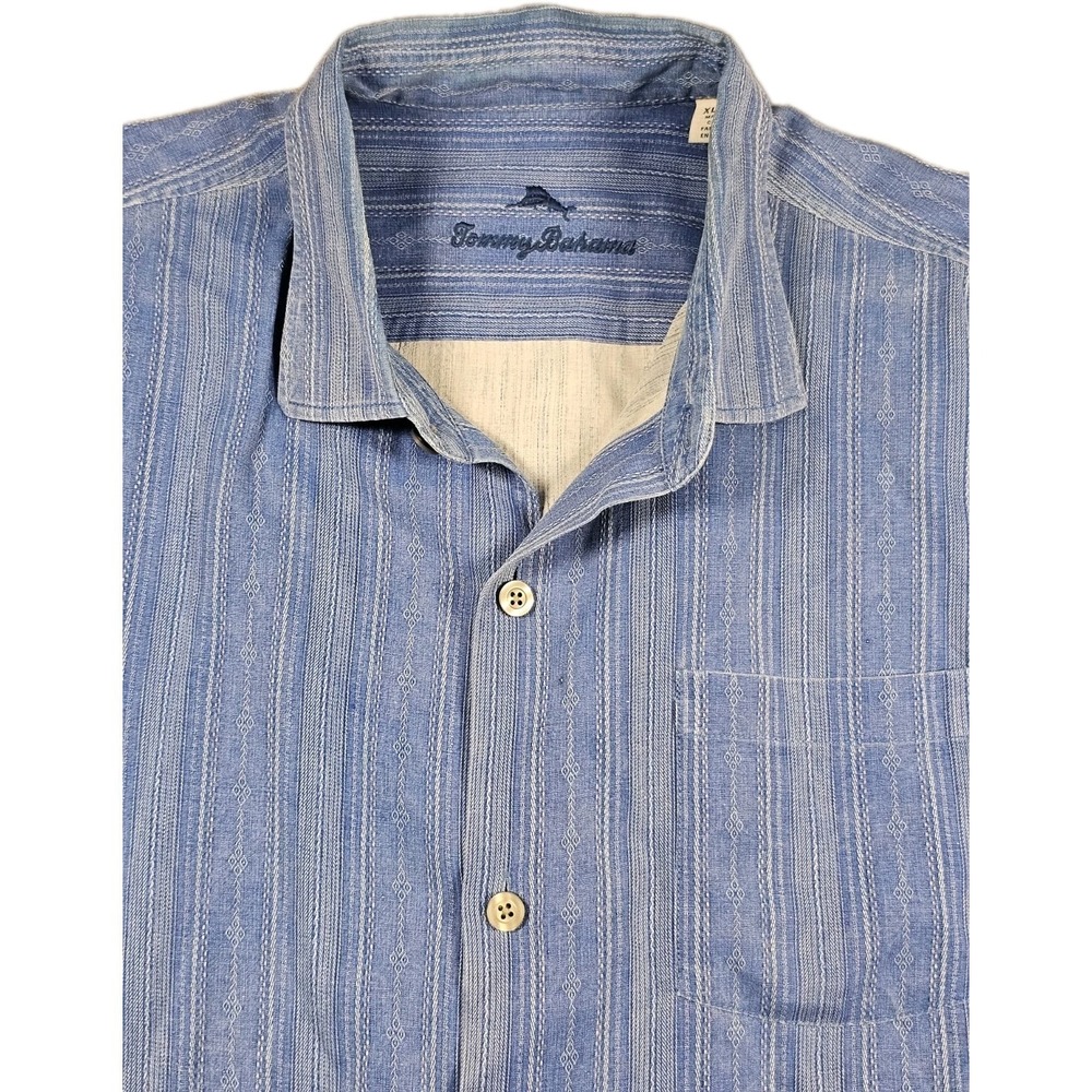 Tommy Bahama 100% Silk Button Shirt Mens XL Blue Woven Striped Camp Casual